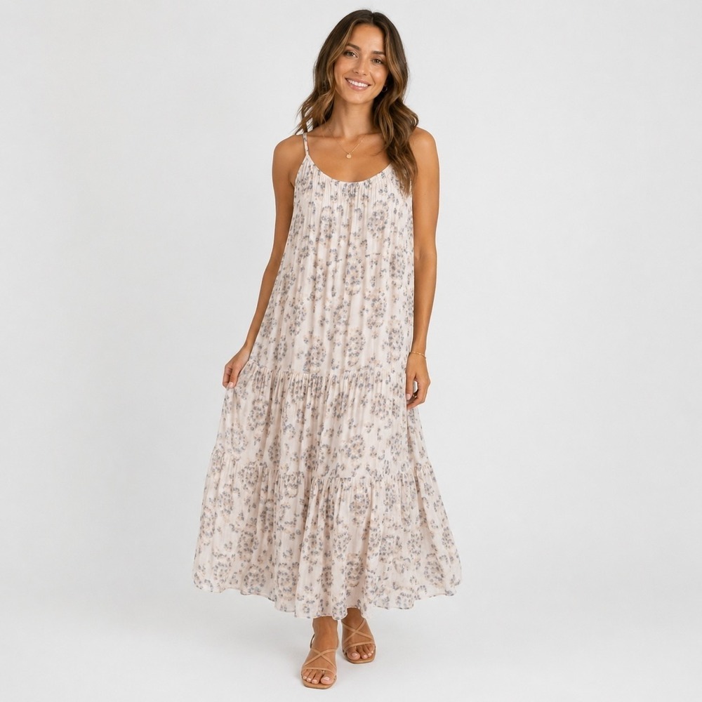 Elena Baldi Italy Silk Blend Maxi Dress Womens M  Blush Pink Boho Tiered Strappy